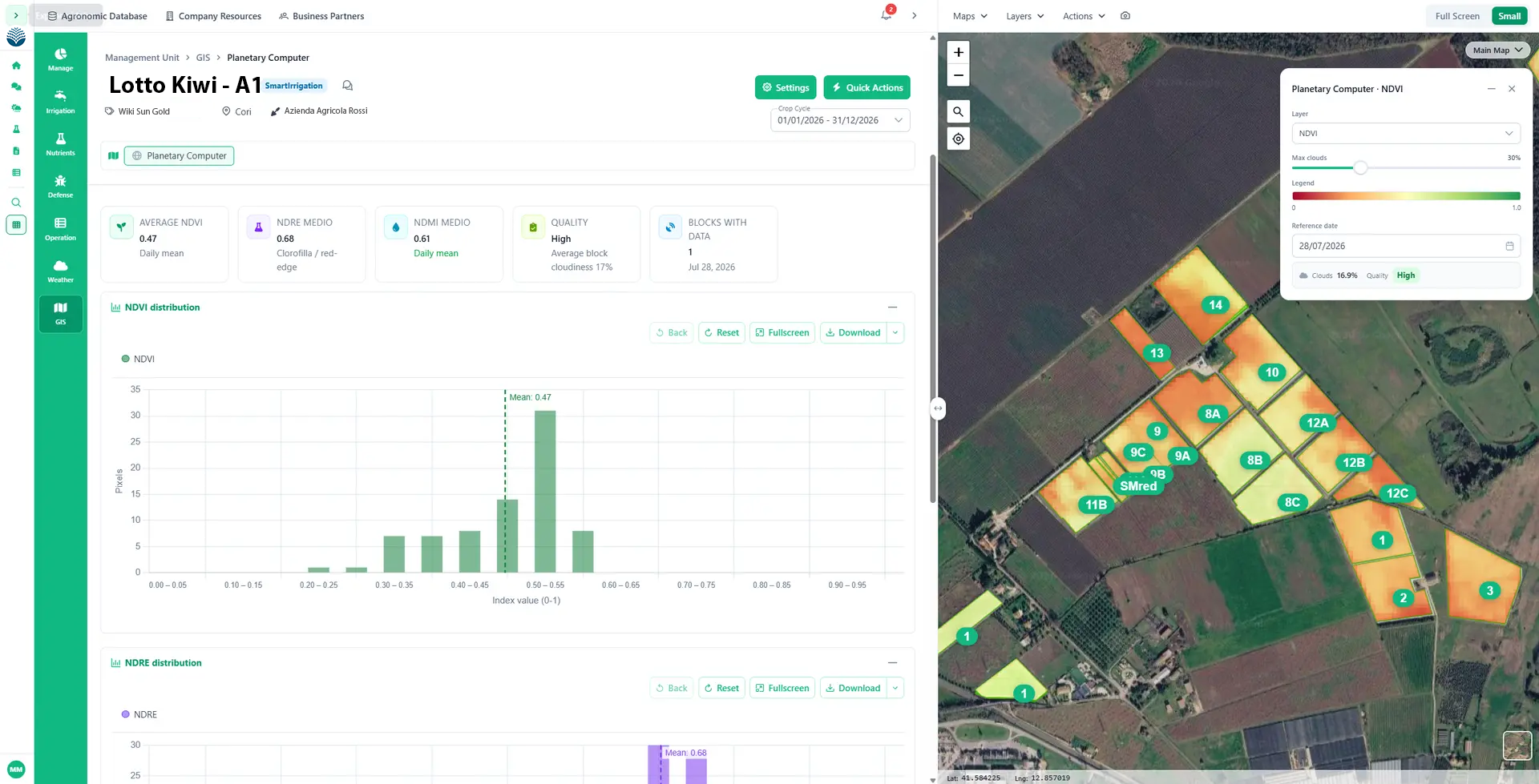 Dashboard BLULEAF con riepilogo delle aziende agricole e mappa degli appezzamenti